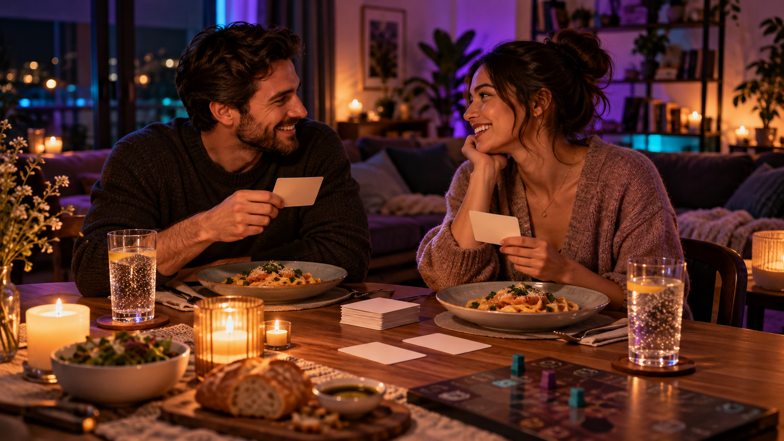Couple enjoying dinner, conversation cards and a board game during a date night at home