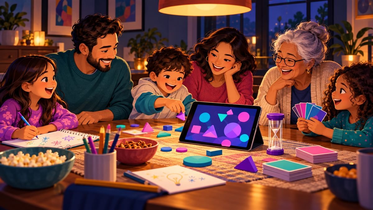 Multigenerational family playing games around a table