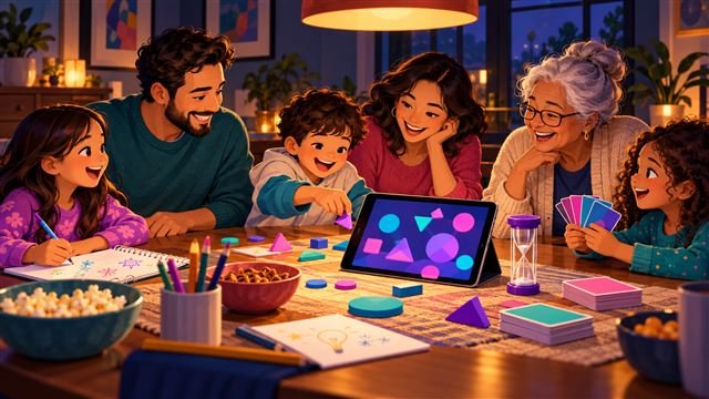 Family enjoying games around a table