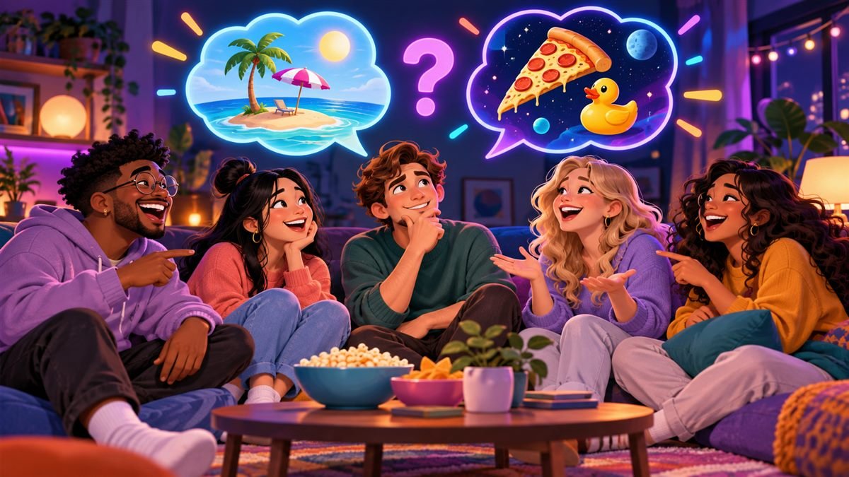 Friends laughing over absurd Would You Rather choices