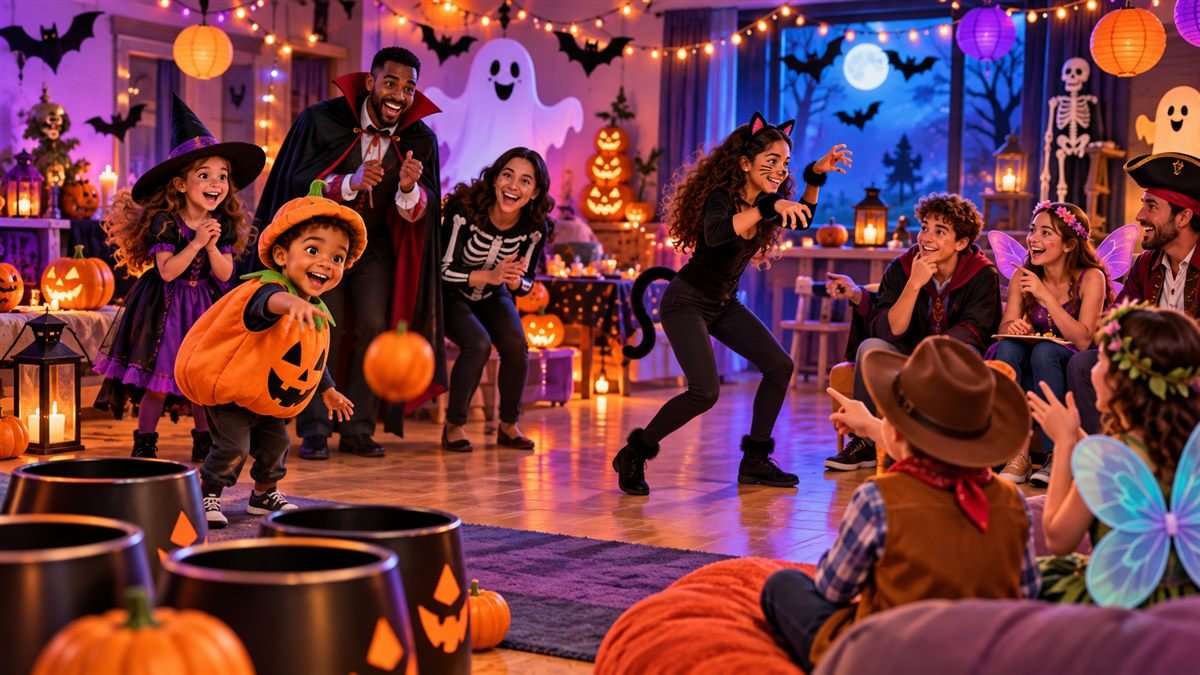 Costumed family and friends playing cheerful Halloween games