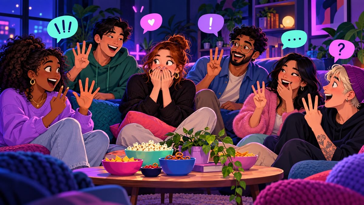 Friends laughing and holding up fingers during a game